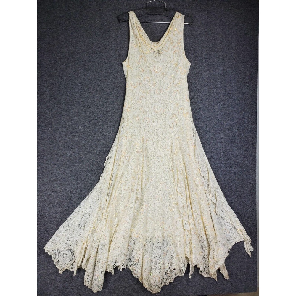 NWT Womens Large Sole Cream Long Gold Sequin Ruffle Dress Prom Wedding Chiffon